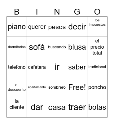 Spanish  bingo Card