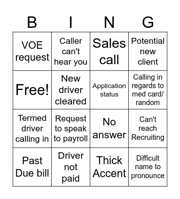 Service Center Calls Bingo Card