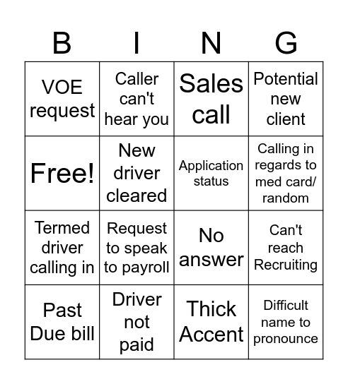 Service Center Calls Bingo Card