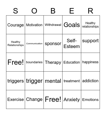 Recovery Bingo Card