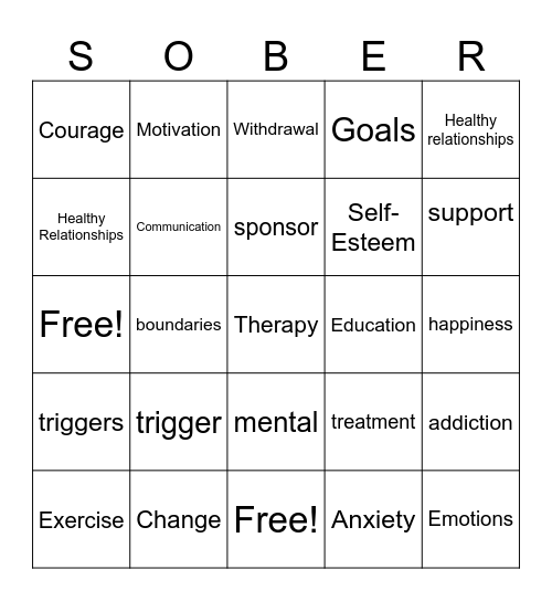 Recovery Bingo Card