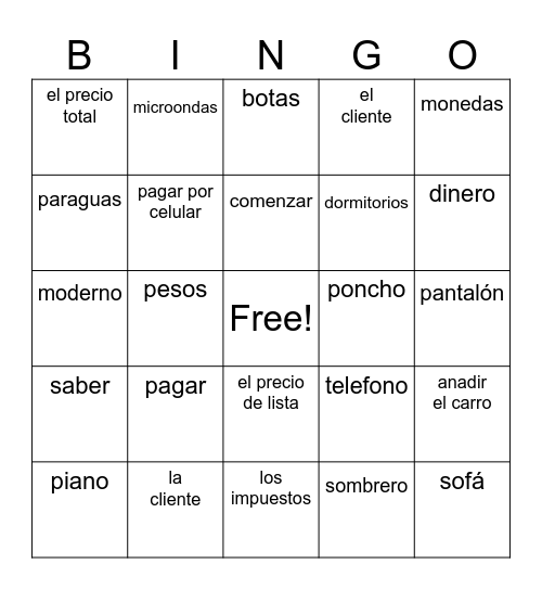 Spanish BINGO Card