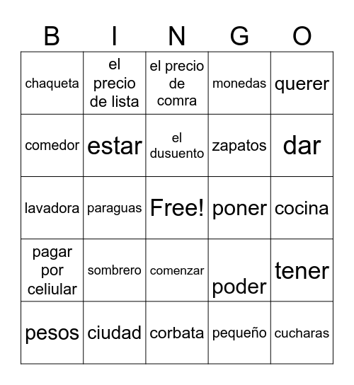 Spanish bingo Card