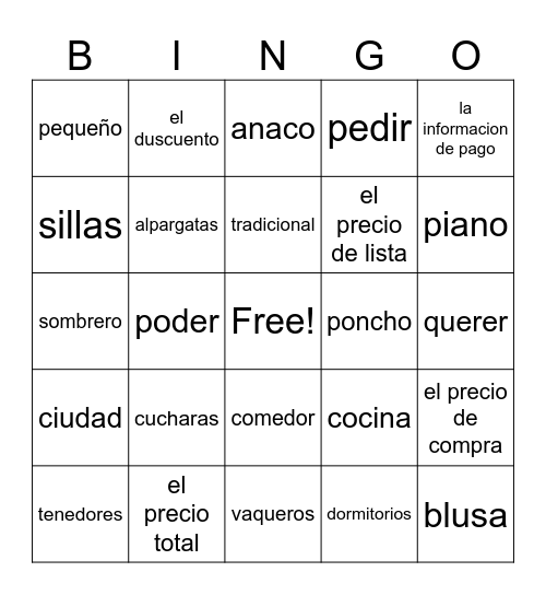 Spanish Bingo #2 Bingo Card