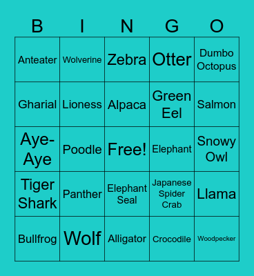 Animals Bingo Card