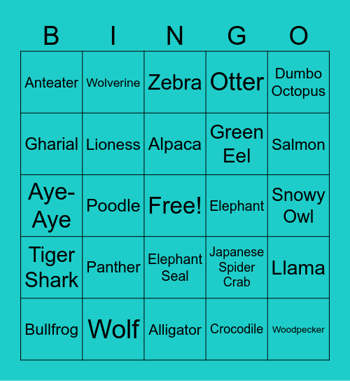 Animals Bingo Card