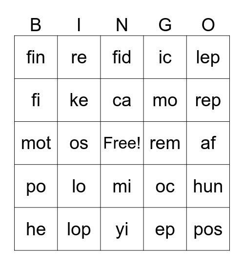 Open/Closed Syllables Bingo Card