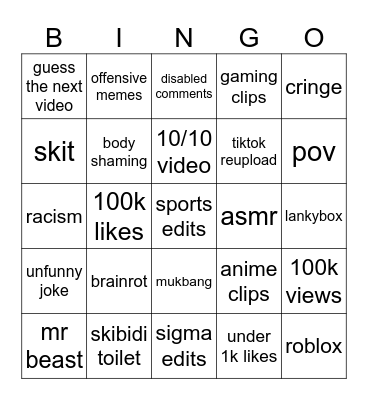 youtube short's bingo Card