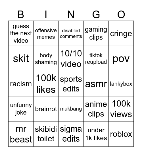 youtube short's bingo Card