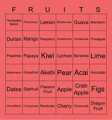 Fruits Bingo Card