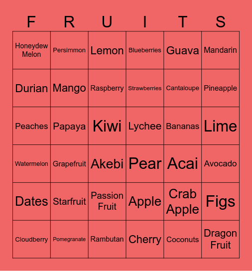 Fruits Bingo Card