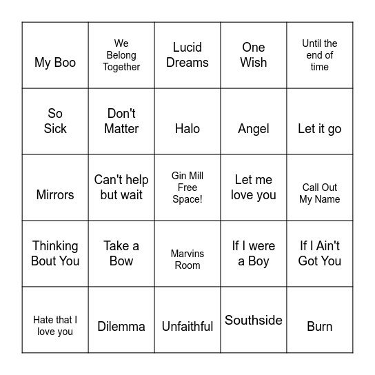 In My Feels R&B Bingo Card