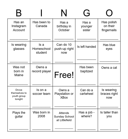 Youth Group BINGO Card