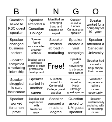 CMA NXT Careers Night Bingo Card