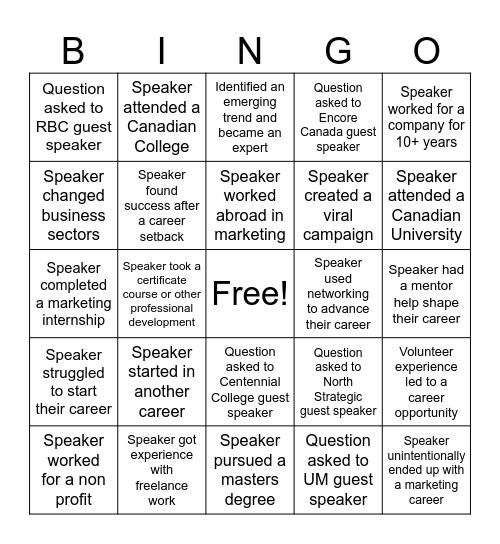 CMA NXT Careers Night Bingo Card