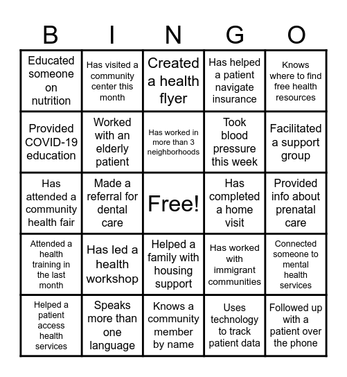 CHW Bingo Card