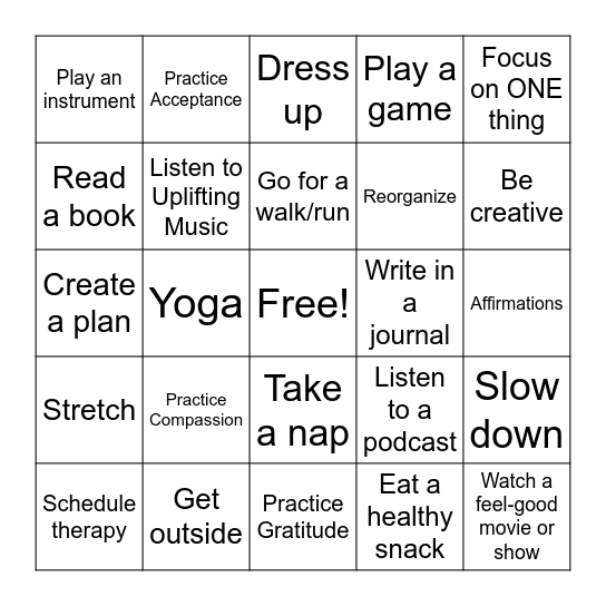 Coping Bingo Card