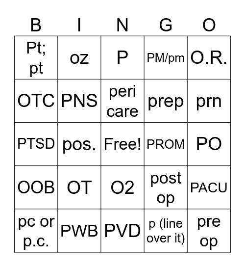 O and P  medical abbreviations Bingo Card