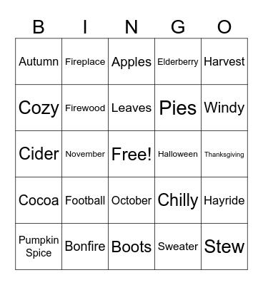 All Things Fall Bingo Card