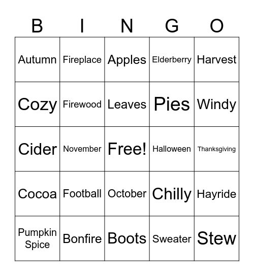 All Things Fall Bingo Card