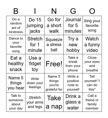 Coping Skills Bingo Card