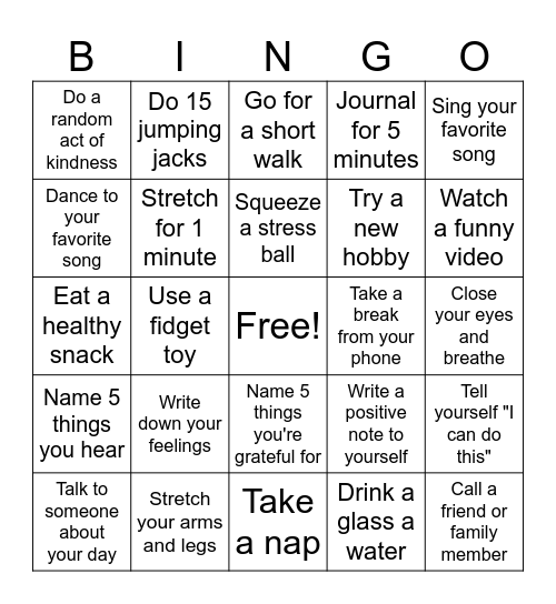 Coping Skills Bingo Card