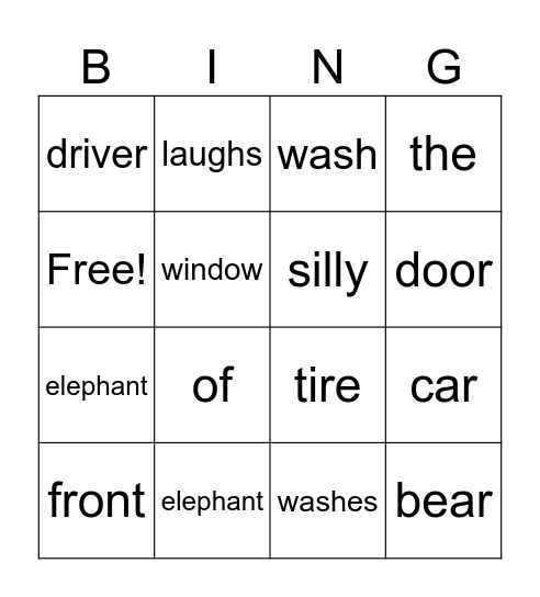 Elephant Car Wash Bingo Card