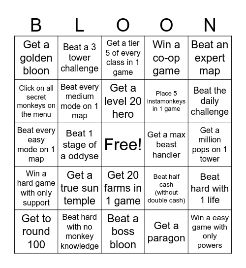 Bloons td6 bingo Card