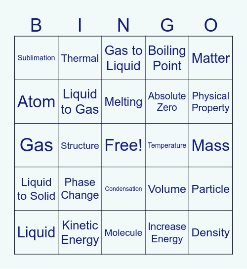 Properties of Matter Review Bingo Card