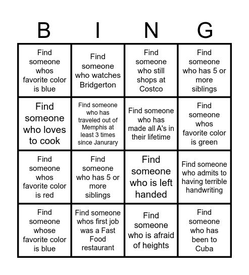 GET TO KNOW YOU Bingo Card