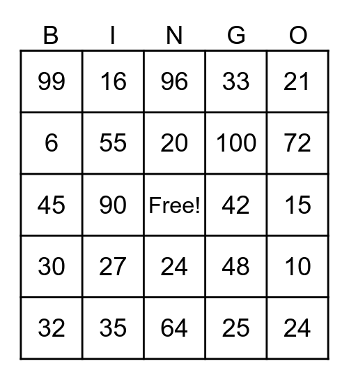 Multiplication Facts Bingo Card