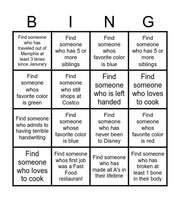 GET TO KNOW YOU Bingo Card