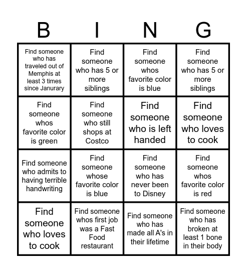 GET TO KNOW YOU Bingo Card