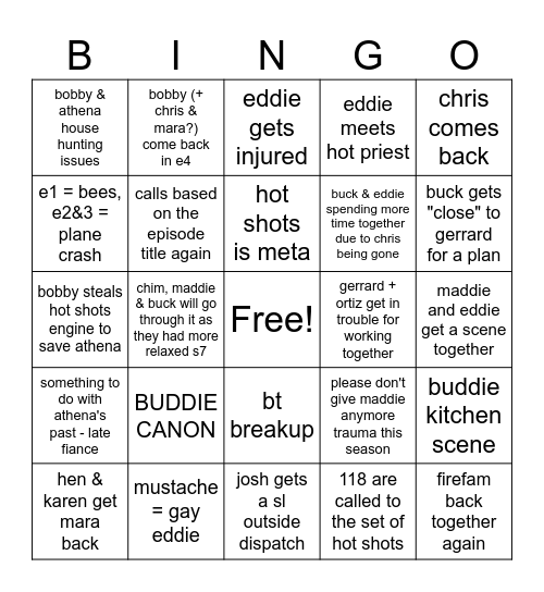 911 Season 8 Bingo Card