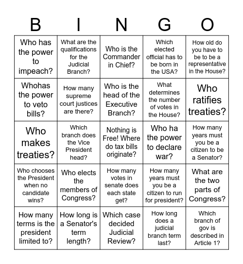 Constitution Bingo Card