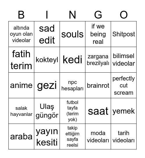 Instagram Reels bingo Card