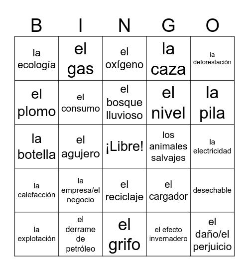 Level 5 El Medio Ambiente Bingo Card