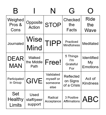 DBT and Coping Skills Bingo Card