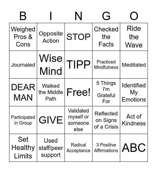 DBT and Coping Skills Bingo Card