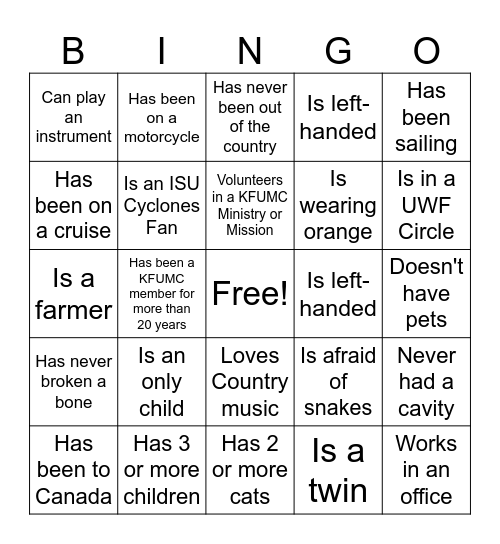 Church Icebreaker Bingo Card