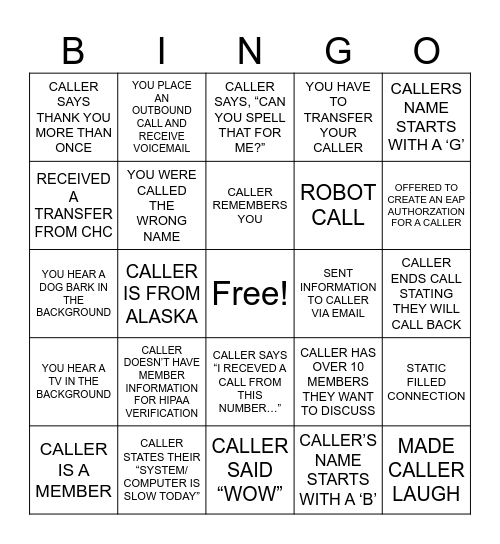 Provider Service Bingo Card