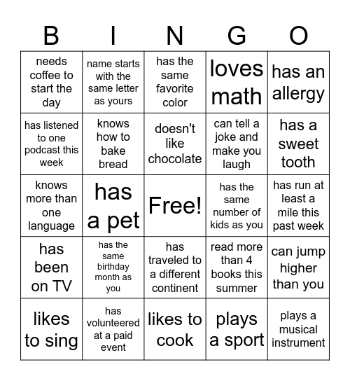 Find Someone Who....... Bingo Card