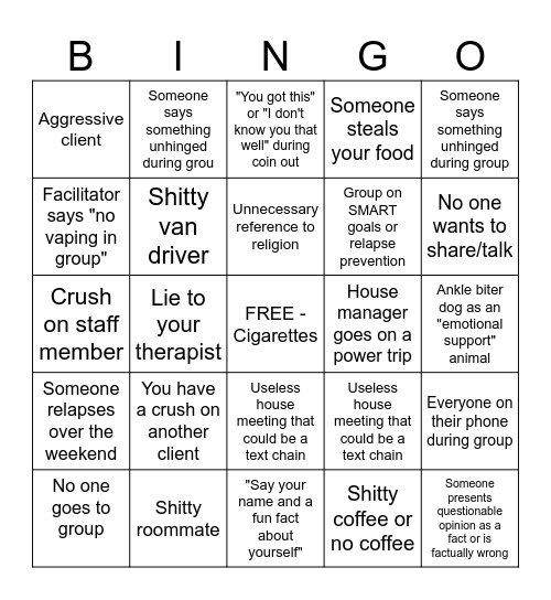 Rehab Bingo Card