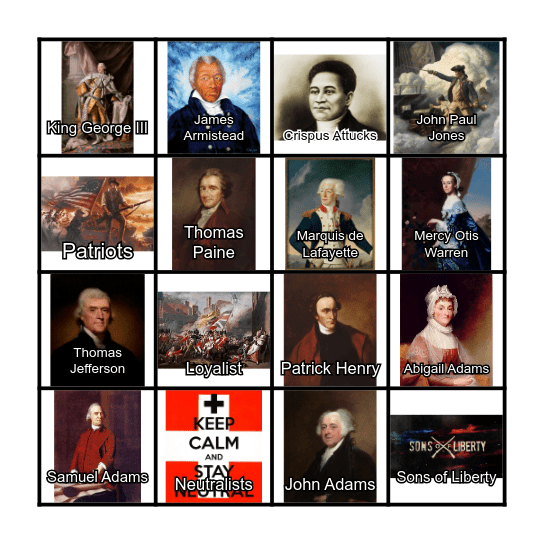 American Revolution People Bingo Card