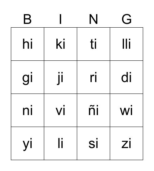 Sílabas con i Bingo Card