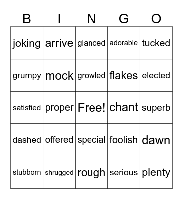 Reading Vocabulary Bingo Card