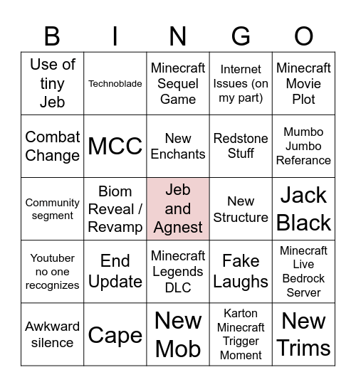 Minecraft Live Bingo Card