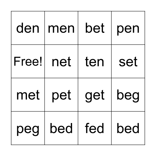 Lesson 18: short e Bingo Card