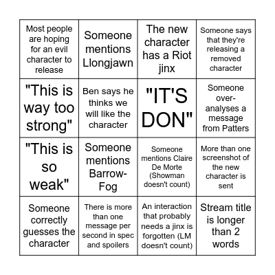 Character Release Bingo Card