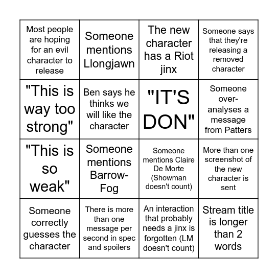 Character Release Bingo Card